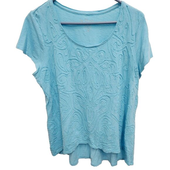Chico's Tops - Chicos Womens T-Shirt Medium Light Blue Textured Hi Low Short Sleeve Casual Top